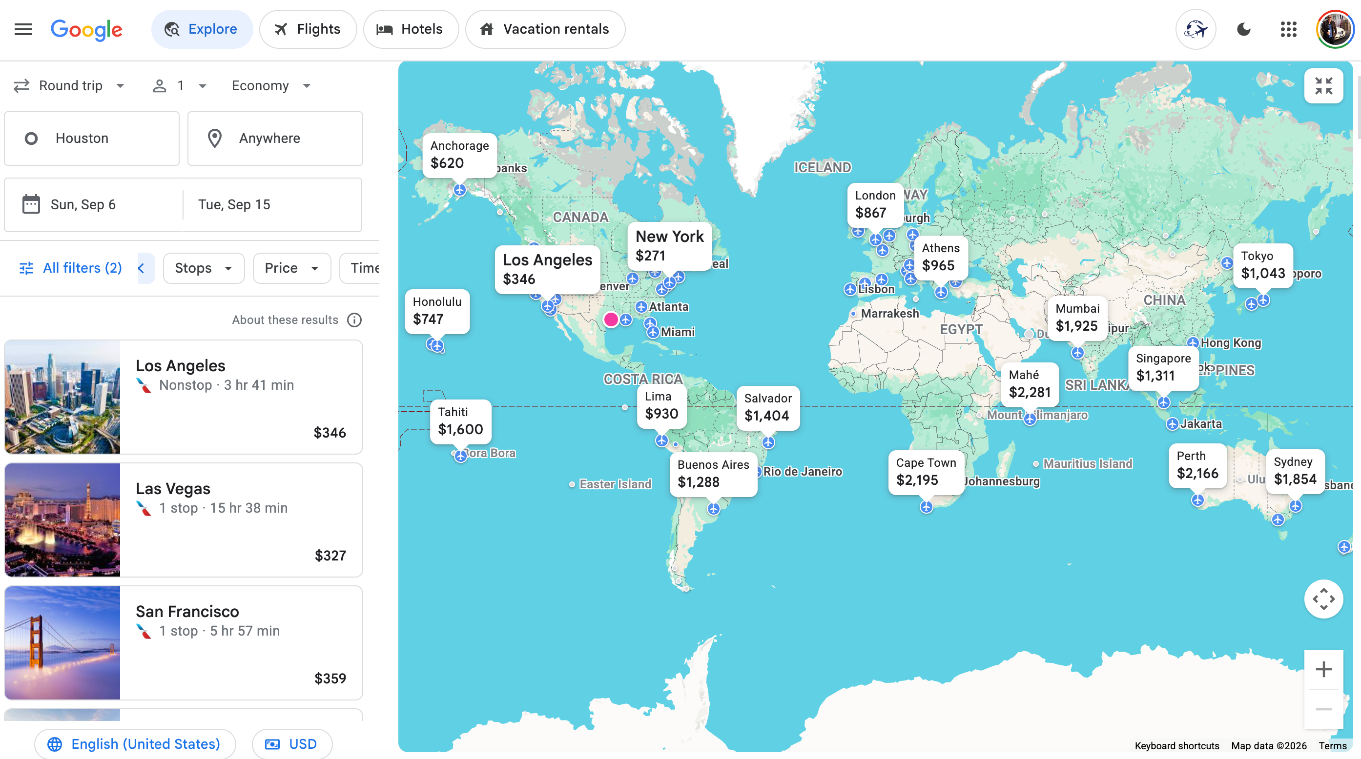 Google Flights Explore search for Europe. GOOGLE